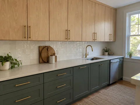 Sample completion photo of green and oak kitchen cabinets